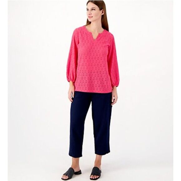 Susan Graver Top Passport Knit Eyelet 3/4 Sleeve Aqua Teal 5X A600386 NEW - Picture 5 of 7